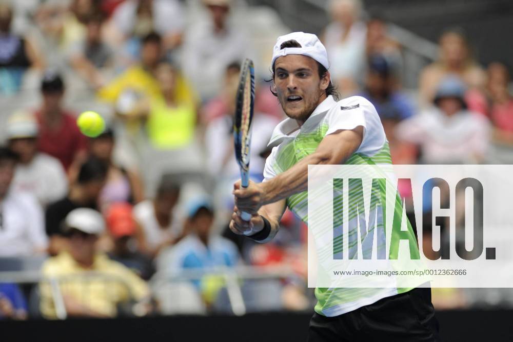 Melbourne, Australia. Joao Sousa of Portugal returns a shot in his match on day four of the Australian Open from Melbourne Park. xEstherxLimx ActionPlus11366555