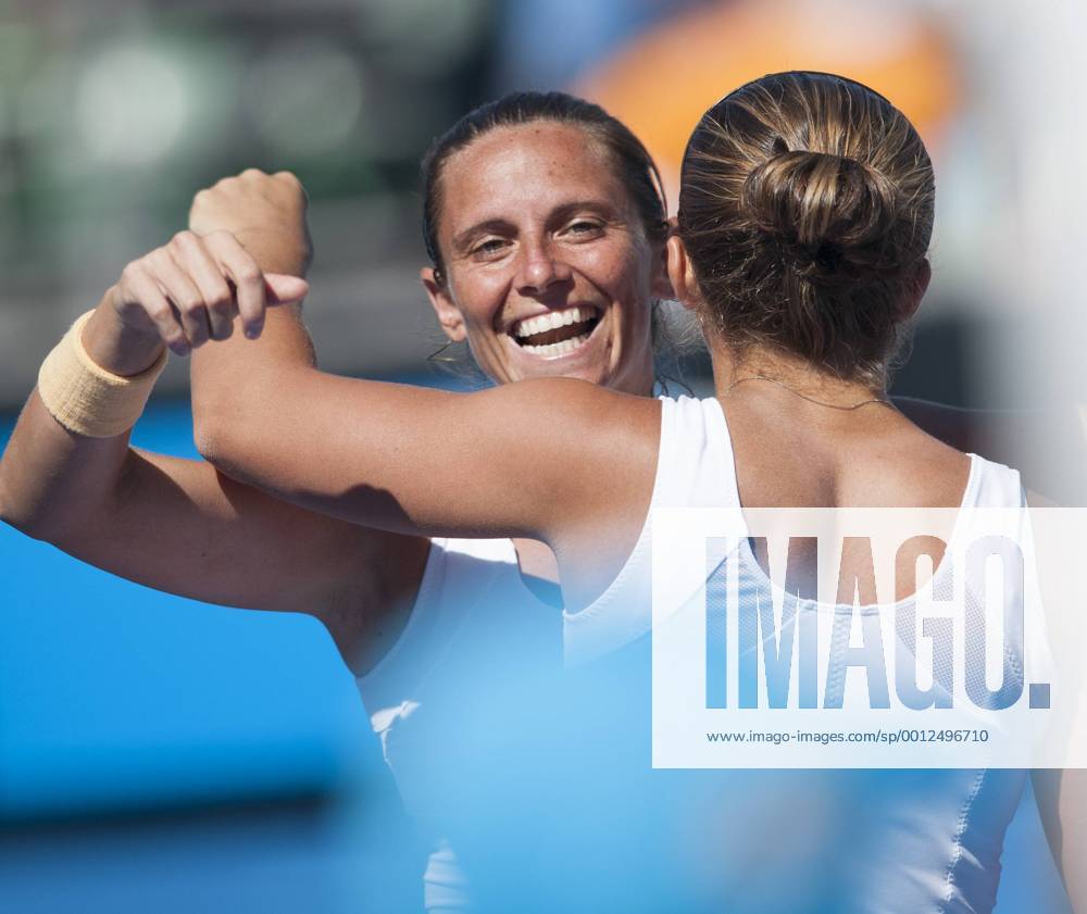 Jan. 22, 2013 - SARA ERRANI (ITA) and her doubles partner ROBERTA VINCI (ITA) (back to camera) in the 2013 Australian Open Womens Doubles. The 3 set match was held at Margaret Court Arena in Melbourne. 2013 Australian Open Day - ZUMAkh1