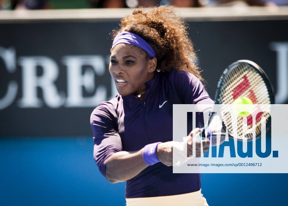 Jan. 22, 2013 - Serena Williams (USA) (purple shirt) in 2013 Womens Doubles play at Margaret Court Arena in Melbourne. Williams Sisters Upset in Australian Open - ZUMAkh1