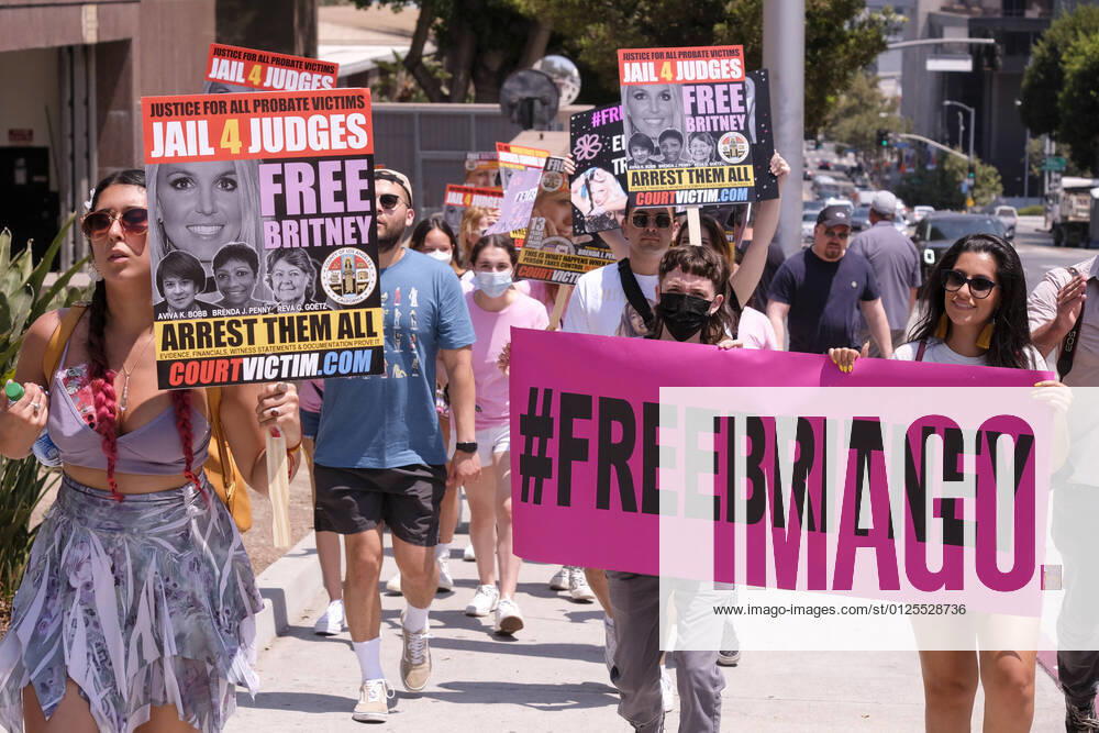 Supporters of Britney Spears take part in a rally outside the Stanley Mosk Courthouse during a hearing on Britney Spears conservatorship, Wednesday, July 14, 2021, in Los Angeles. Los Angeles USA - ZUMAc68_ 20210714_zaf_c68_016