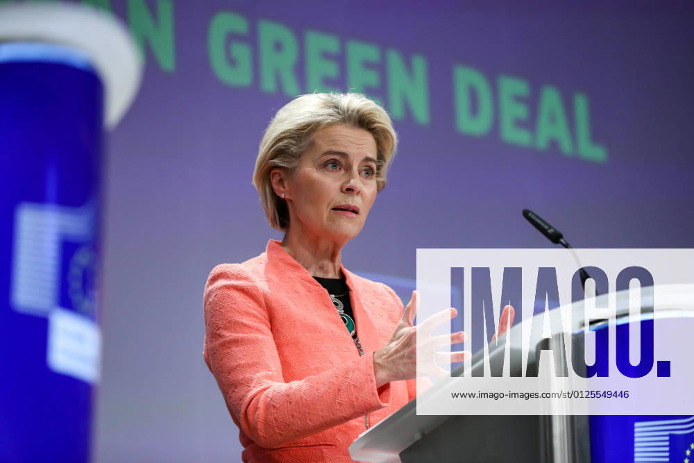 (210714) -- BRUSSELS, July 14, 2021 -- European Commission President Ursula von der Leyen speaks during a press conference in Brussels, Belgium, on July 14, 2021. The European Commission on Wednesday unveiled a comprehensive roadmap for realizing the European Union s (EU) ambitious target of reducing its net greenhouse gas emissions by at least 55 percent from 1990 levels by 2030 and to become climate-neutral by 2050. ) BELGIUM-BRUSSELS-EU-CLIMATE PACKAGE ZhangxCheng