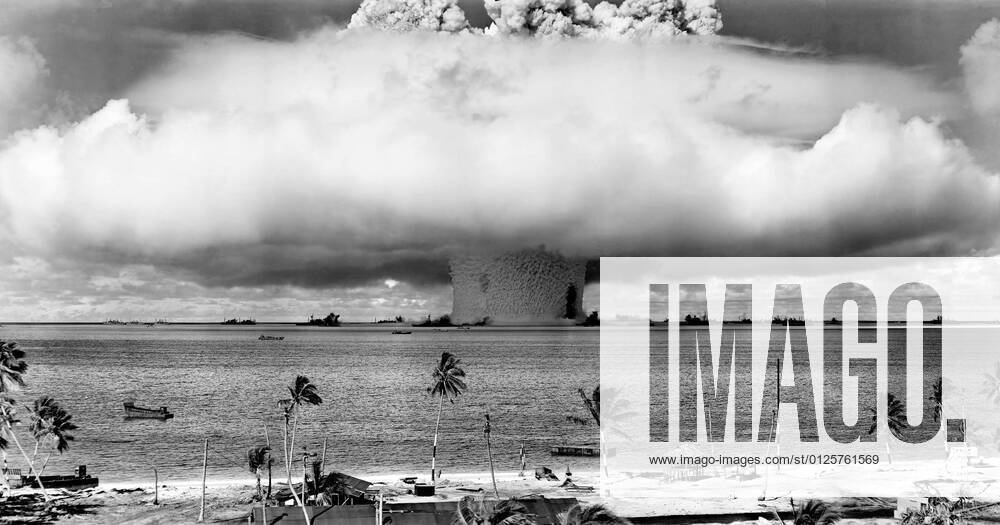 Operation Crossroads was a pair of nuclear weapon tests conducted by the United States at Bikini Atoll in mid-1946. They were the first nuclear weapon tests since Trinity in July 1945, and the first detonations of nuclear devices since the atomic bombing of Nagasaki on August 9, 1945.<br ><br > The purpose of the tests was to investigate the effect of nuclear weapons on warships. USA Marshall Islands: Mushroom-shaped cloud and water column from the underwater Baker nuclear explosion of July 25, 1946. Photo taken from a tower on Bikini Island, 3.5 miles (5.6 km) distant xSupplier:MediaxCo.xLtd.x