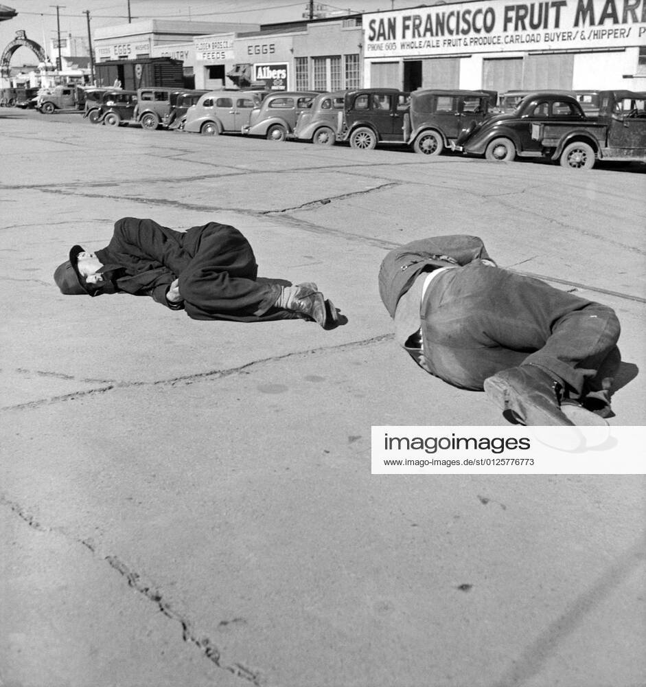 Dorothea Lange (May 26, 1895 October 11, 1965) was an American documentary photographer and photojournalist, best known for her Depression-era work for the Farm Security Administration (FSA).<br ><br > Lange s photographs humanized the consequences of the Great Depression and influenced the development of documentary photography. USA: Scene along Skid Row , Howard Street, San Francisco, California, Dorothea Lange (1895 - 1965), February 1937 xSupplier:MediaxCo.xLtd.x