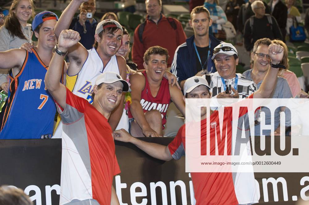 Jan. 26, 2013 - Melbourne, Victoria, Australia - BOB BRYAN (USA) and brother MIKE BRYAN (USA) celebrate with fans after their men s doubles victory in the finals of the 2013 Australian Open. The Grand Slam tournament is being held at Melbournes Rod Laver Arena. 2013 Tennis - Australian Open Day 13 - ZUMAkh1