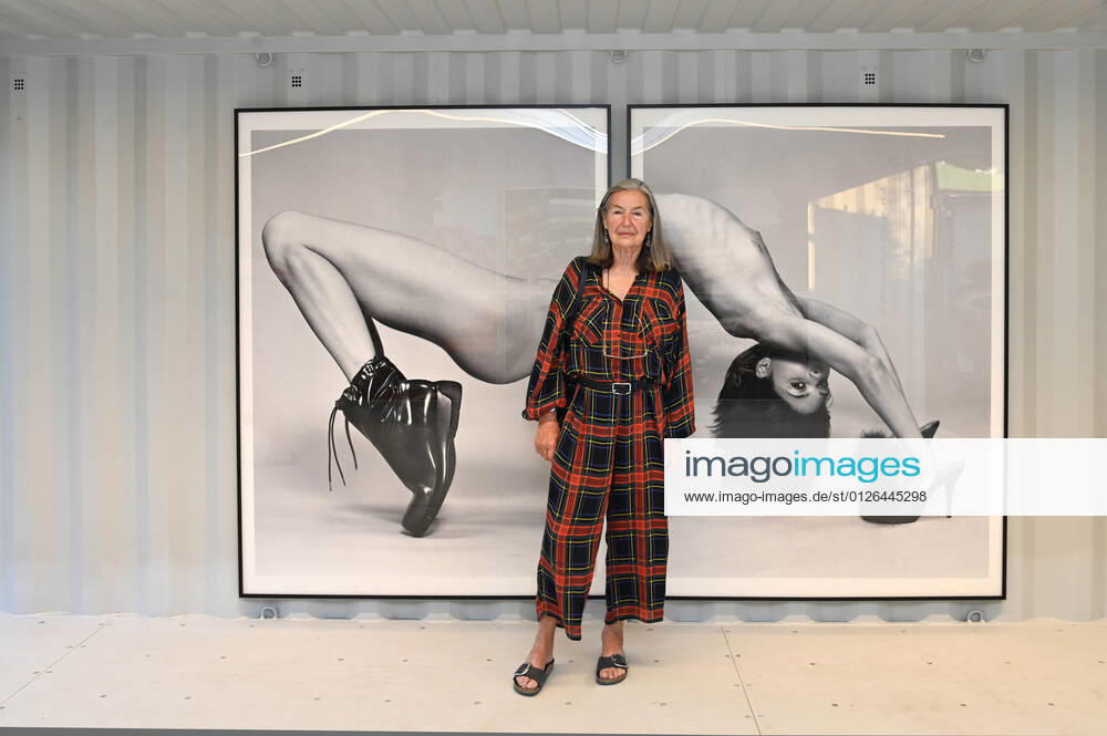 Opening of the art exhibition of photographic objects, in a container village in the Seeviertel in Gmunden, in the context of the Salzkammergut Festwochen Gmunden, on 10 07 21 The picture shows the photographer Elfie Semotan in front of her large-format photographs 2021 Opening of the art exhibition of photographic