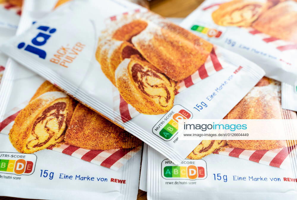 Germany - 11 june 2021: Nutri Score food labeling on a baking powder package of REWE s own brand Ja!