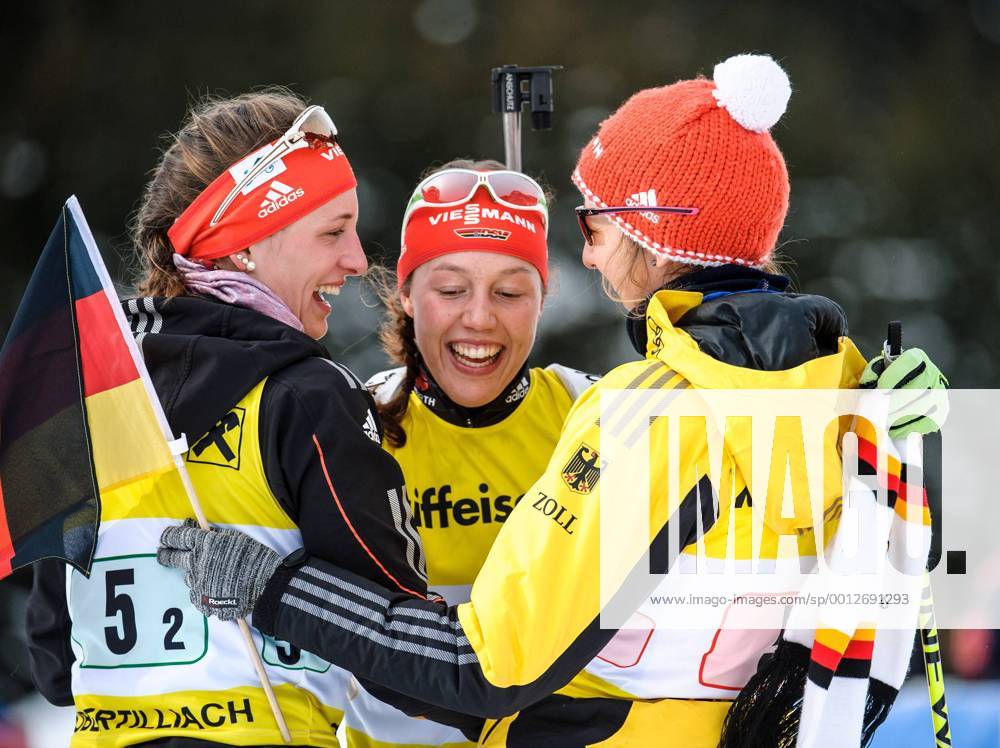Biathlonzentrum, Obertilliach AUT, IBU, Jugend und Junioren Weltmeisterschaften, Staffel Junioren Damen, im Bild Gewinner Deutschland, v.l.n.r. Vanessa Hinz, Laura Dahlmeier und Franziska Preuss