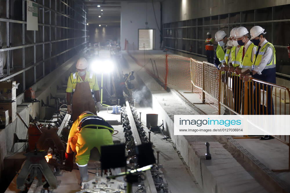 The president of the Junta de Andalucia, Juanma Moreno (1r), attends the first welding of the track rail at the Atarazanas metro station, in the image together with the Minister of Public Works, Marifran Carazo and the mayor of Malaga, Francisco de la Torre and the Minister of the Presidency Elias Bendodo. A, 26 July 2021, in Malaga (Andalusia, Spain). 26 JULY 2021 Ãlex Zea LagenciaEP 07 26 2021 Malaga (Andalusia) Malaga (Andalusia) Spain
