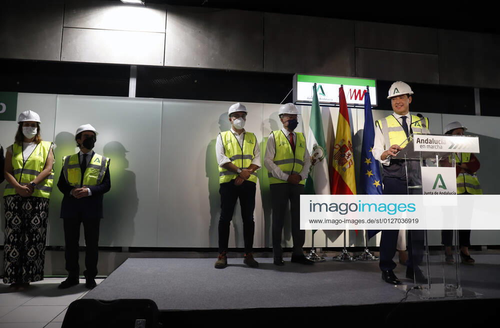 The President of the Junta de Andalucia, Juanma Moreno (r), attends the first welding of the track rail at the Atarazanas metro station, in the picture with the Minister of the Presidency, Elias Bendodo (3r) and the Mayor of Malaga, Francisco de la Torre (2r). On 26 July 2021, in Malaga (Andalusia, Spain) . 26 JULY 2021 Ãlex Zea LagenciaEP 07 26 2021 Malaga (Andalusia) Malaga (Andalusia) Spain
