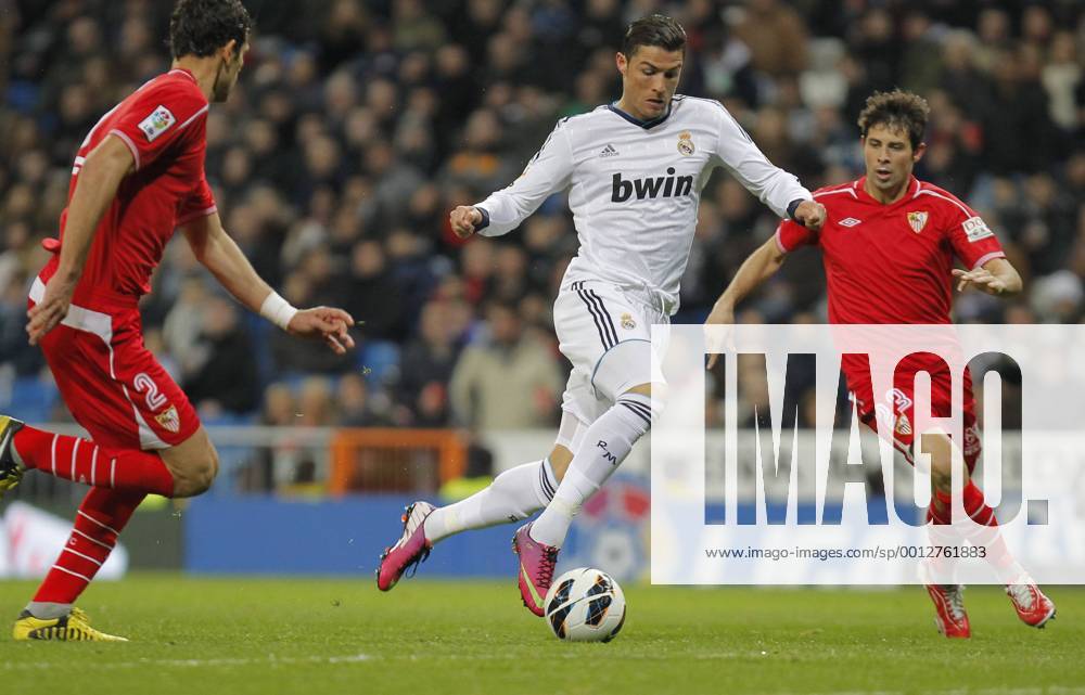 Madrid 09 02 2013. Football match between Real Madrid FC and FC Sevilla corresponding to the 23th day of the Spanish League, held at the Santiago Bernabeu stadium, in Madrid 02 09 2013. Cristiano Ronaldo score vs Coke