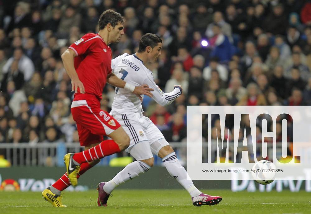 Madrid 09 02 2013. Football match between Real Madrid FC and FC Sevilla corresponding to the 23th day of the Spanish League, held at the Santiago Bernabeu stadium, in Madrid 02 09 2013. Cristiano Ronaldo score vs Federico Fazio