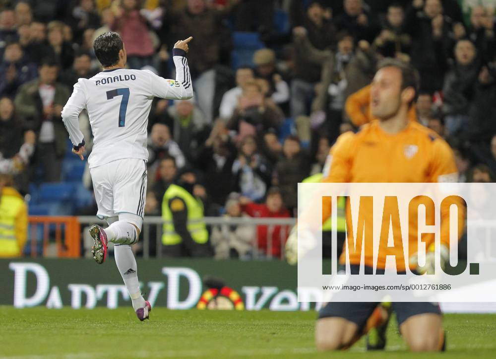 Madrid 09 02 2013. Football match between Real Madrid FC and FC Sevilla corresponding to the 23th day of the Spanish League, held at the Santiago Bernabeu stadium, in Madrid 02 09 2013. Cristiano Ronaldo celebrate after scoring