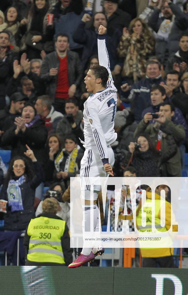 Madrid 09 02 2013. Football match between Real Madrid FC and FC Sevilla corresponding to the 23th day of the Spanish League, held at the Santiago Bernabeu stadium, in Madrid 02 09 2013. Cristiano Ronaldo celebrate after scoring