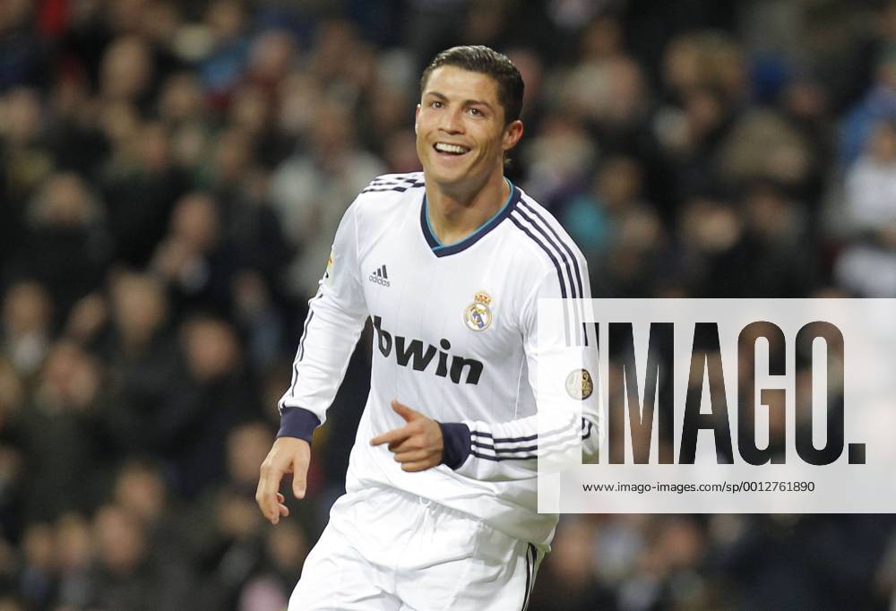 Madrid 09 02 2013. Football match between Real Madrid FC and FC Sevilla corresponding to the 23th day of the Spanish League, held at the Santiago Bernabeu stadium, in Madrid 02 09 2013. Cristiano Ronaldo celebrate his third goal after scoring