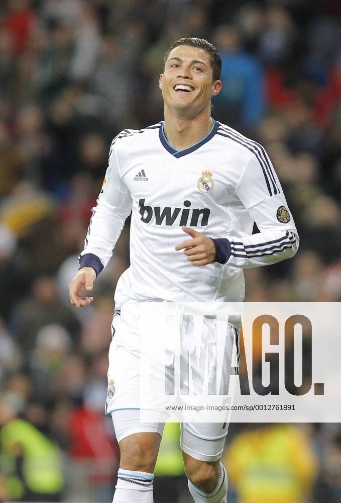 Madrid 09 02 2013. Football match between Real Madrid FC and FC Sevilla corresponding to the 23th day of the Spanish League, held at the Santiago Bernabeu stadium, in Madrid 02 09 2013. Cristiano Ronaldo celebrate his third goal after scoring