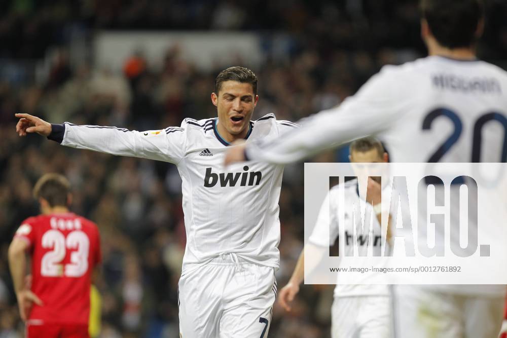 Madrid 09 02 2013. Football match between Real Madrid FC and FC Sevilla corresponding to the 23th day of the Spanish League, held at the Santiago Bernabeu stadium, in Madrid 02 09 2013. Cristiano Ronaldo celebrate his third goal after scoring