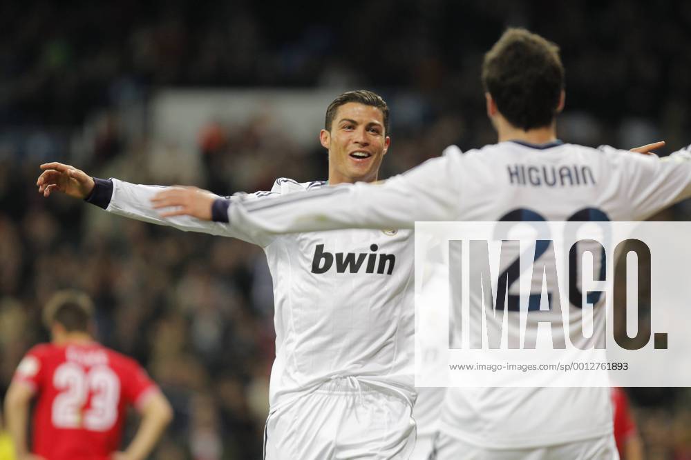 Madrid 09 02 2013. Football match between Real Madrid FC and FC Sevilla corresponding to the 23th day of the Spanish League, held at the Santiago Bernabeu stadium, in Madrid 02 09 2013. Cristiano Ronaldo celebrate his third goal after scoring