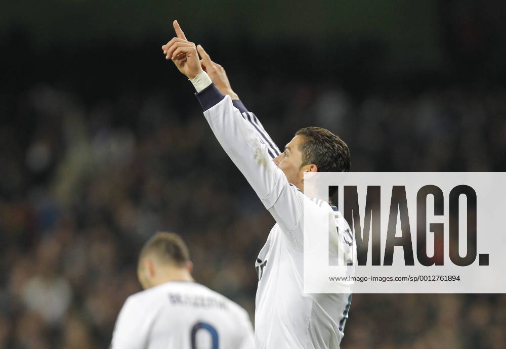 Madrid 09 02 2013. Football match between Real Madrid FC and FC Sevilla corresponding to the 23th day of the Spanish League, held at the Santiago Bernabeu stadium, in Madrid 02 09 2013. Cristiano Ronaldo celebrate his third goal after scoring