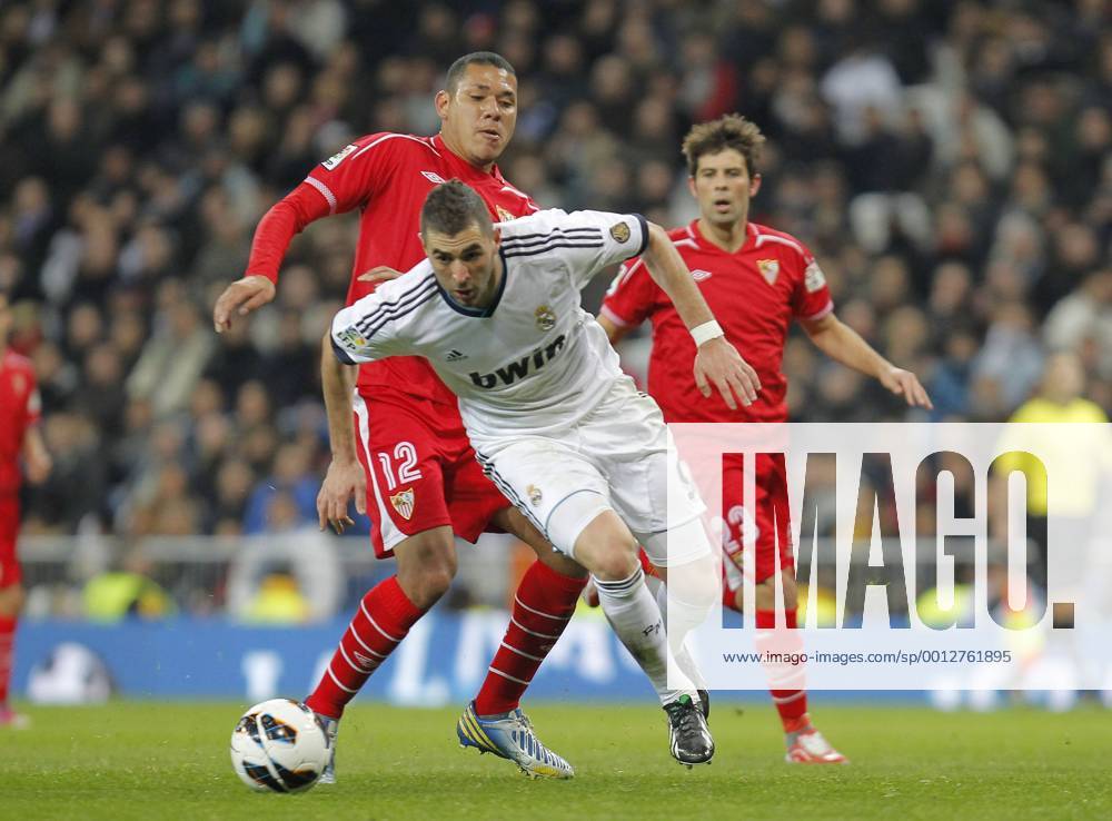 Madrid 09 02 2013. Football match between Real Madrid FC and FC Sevilla corresponding to the 23th day of the Spanish League, held at the Santiago Bernabeu stadium, in Madrid 02 09 2013. Karim Benzema vs Hedwiges Maduro