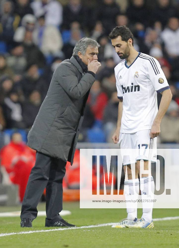 Madrid 09 02 2013. Football match between Real Madrid FC and FC Sevilla corresponding to the 23th day of the Spanish League, held at the Santiago Bernabeu stadium, in Madrid 02 09 2013. Jose Mourinho y Alvaro Arbeloa