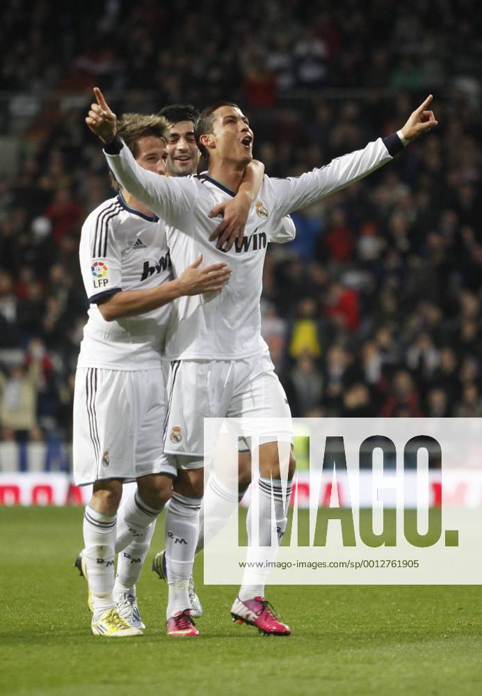 Madrid 09 02 2013. Football match between Real Madrid FC and FC Sevilla corresponding to the 23th day of the Spanish League, held at the Santiago Bernabeu stadium, in Madrid 02 09 2013. Cristiano Ronaldo celebrate after scoring