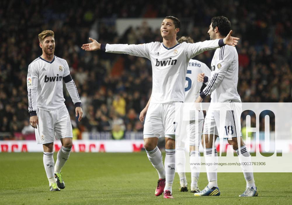 Madrid 09 02 2013. Football match between Real Madrid FC and FC Sevilla corresponding to the 23th day of the Spanish League, held at the Santiago Bernabeu stadium, in Madrid 02 09 2013. Cristiano Ronaldo celebrate after scoring