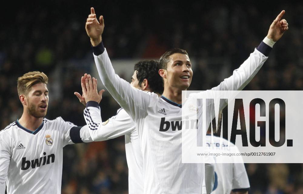 Madrid 09 02 2013. Football match between Real Madrid FC and FC Sevilla corresponding to the 23th day of the Spanish League, held at the Santiago Bernabeu stadium, in Madrid 02 09 2013. Cristiano Ronaldo celebrate after scoring