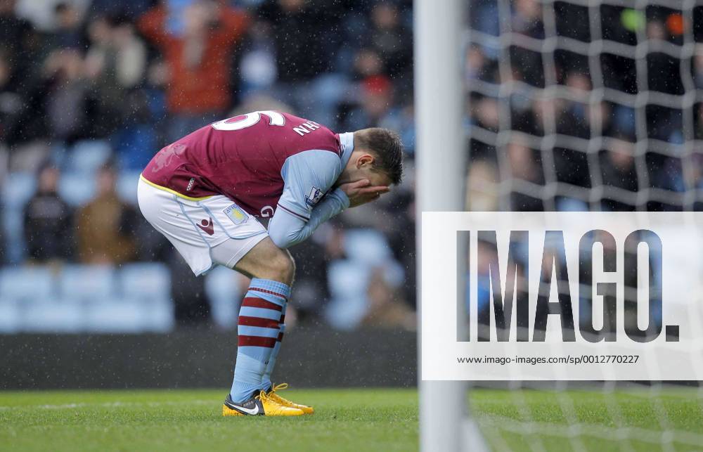 Andreas Weimann of Aston Villa reacts after missing an open-goal in the first minute - Barclays Premier League - Aston Villa vs West Ham United - Villa Park Birmingham - 10 2 2013 Picture Malcolm Couzens Sportimage .