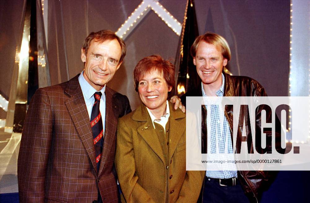 V.l.: Jean-Claude Killy (Frankreich), Rosi Mittermaier-Neureuther und Markus Wasmeier (beide Deutschland) Alpiner Skilauf Herren Olympic Spirit 1999, Messe, Sportartikelmesse, Eröffnung Gruppe Olympiapark München Freude,