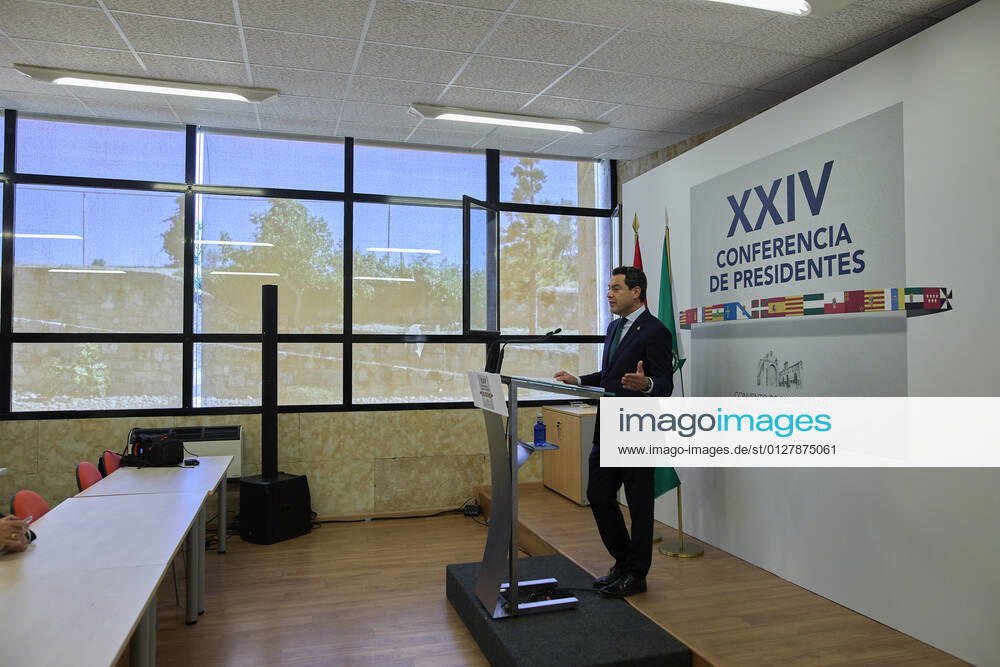 The President of the Junta de Andalucia, Juanma Moreno, gives a conference in the Aulario del Convento de San Esteban after the celebration of the XXIV Conference of Presidents, on 30 July 2021, in Salamanca, Castilla y Leon (Spain). The three main topics discussed at this extraordinary meeting, the highest political body for multilateral coordination, were the current situation of the COVID-19 pandemic, economic recovery, the distribution of European funds and the demographic challenge. The 24th Conference of Presidents has been marked mainly by the Catalan President s approach to this meeting and by the complaints of some Autonomous Communities, mainly from the PP, about the format of this meeting, criticising the fact that the head of
