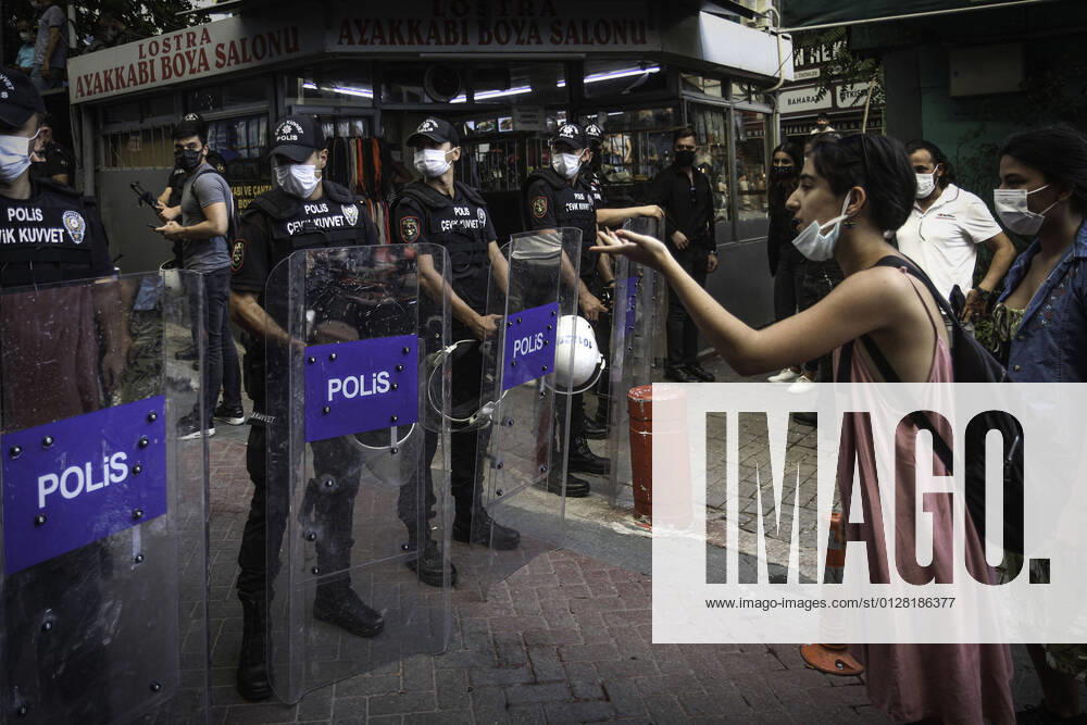 Protesters confront police officers during the demonstration..21 year old university student Azra Gülendam Haytao?lu, who has not been heard from in Antalya since 28 July, was found dead in a forest area in Antalya Kepez. Istanbul Convention Ankara Campaign Group gathered in front of Çankaya Municipality for the murdered woman. Ankara Turkey - ZUMAs197 20210803_zaa_s197_103