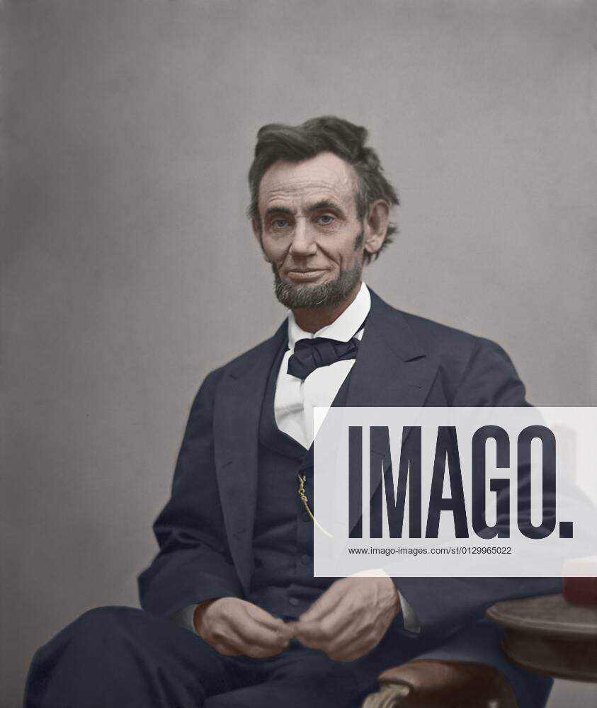 Abraham Lincoln, 16th President of the United States, serving from 1861-1865. Mathew Brady Studio photography taken by Alexander Gardner, Feb. 5, 1865. Digital color by Barbara Cushing Schultz, 2020 (BSIC_2020_10_8) Ref:CLRA001 BZ578 PUBLICATIONXNOTxINxCANxCHNxFRAxITAxJPNxNORxPOLxRUSxESPxUKxUSA