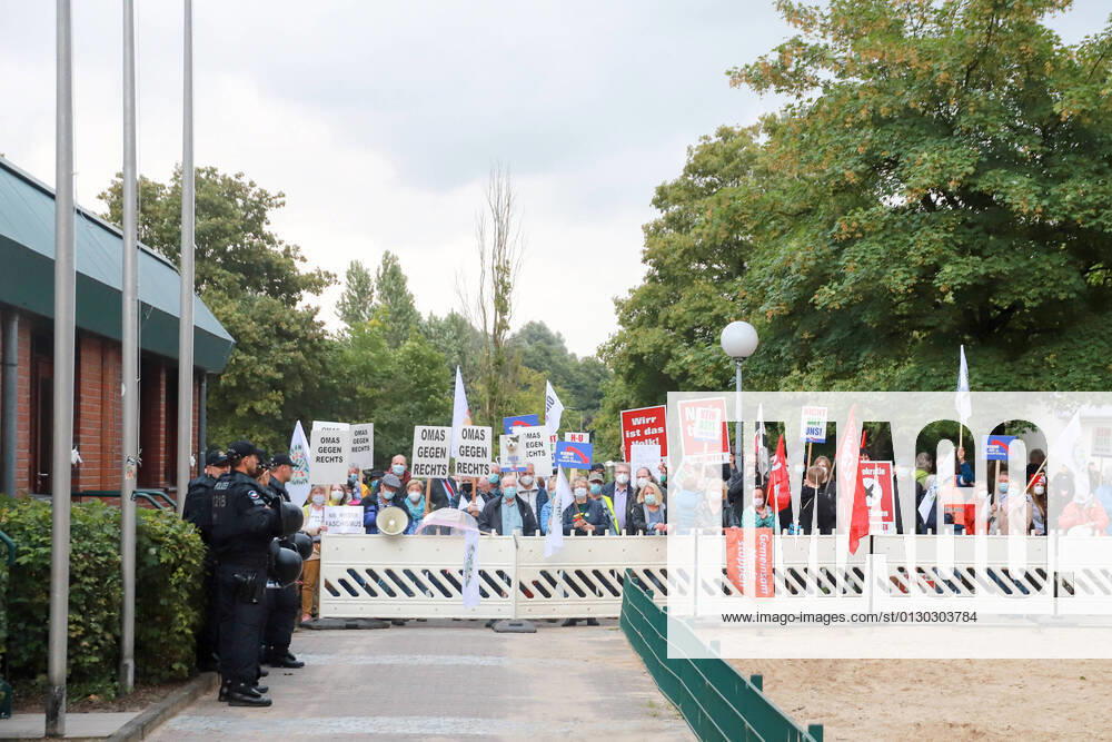 Over 150 citizens demonstrate against a repeated meeting of the AFD in the community center Henstedt Ulzburg Schleswig Holstein Germany