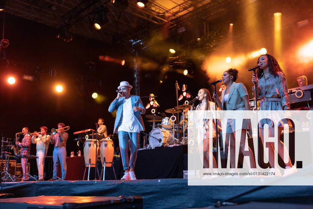 The Hip Hop Funk and Soul musician Jan Delay Jan Philipp Eißfeldt and the band Disko No 1 performing live at the Kunst Rasen Bonn Gronau Organizer ELHart Promotion GmbH Bonn Gronau NRW Germany