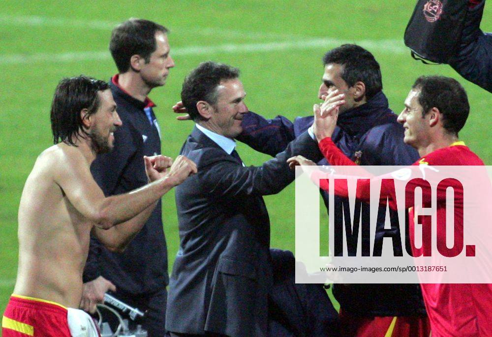 Podgorica(Montenegro) Montenegro-England FIFA world cup Brazil qualifiers men football Branko Brnovic(3L) Montenegro head coach celebrate good result after match with Dejan Damjanovic(L),Mitar Novakovic(2nd from right) and Andrija Delibasic(r) :