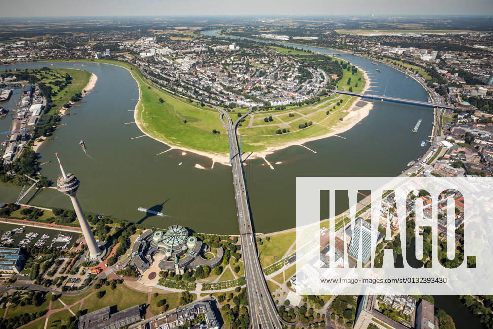 Aerial view, Rheinturm and Landtag NRW at the river Rhine with Rheinkniebrücke as well as Oberkasseler Brücke and view to Oberkassel in Duesseldorf, Rhineland, North Rhine Westphalia, Germany ATTENTIONxMINESTHONORARx60xEURO