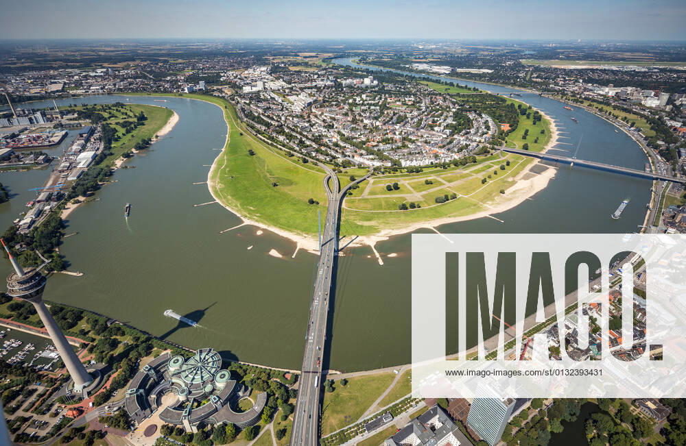 Aerial view, Rheinturm and Landtag NRW at the river Rhine with Rheinkniebrücke as well as Oberkasseler Brücke and view to Oberkassel in Duesseldorf, Rhineland, North Rhine Westphalia, Germany ATTENTIONxMINESTHONORARx60xEURO