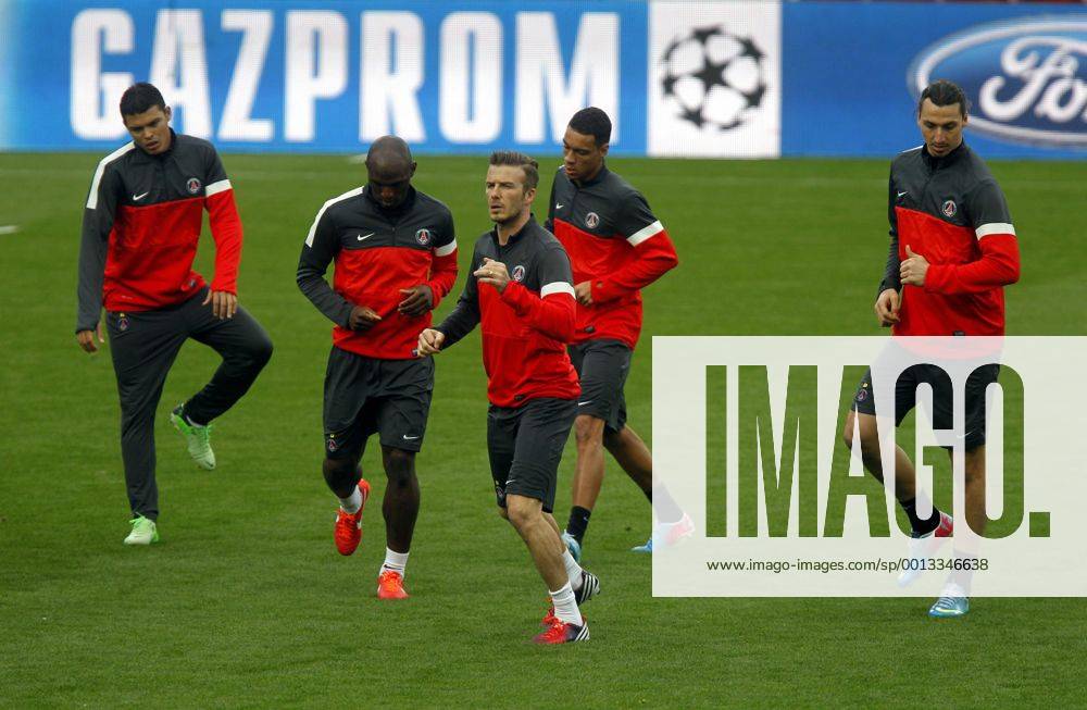 Barcelona, Camp Nou april 9. Thiago Silva (L), David Beckham (C) and Zlatan Ibrahimovic (R) Paris Saint Germain training before the match in Champions League
