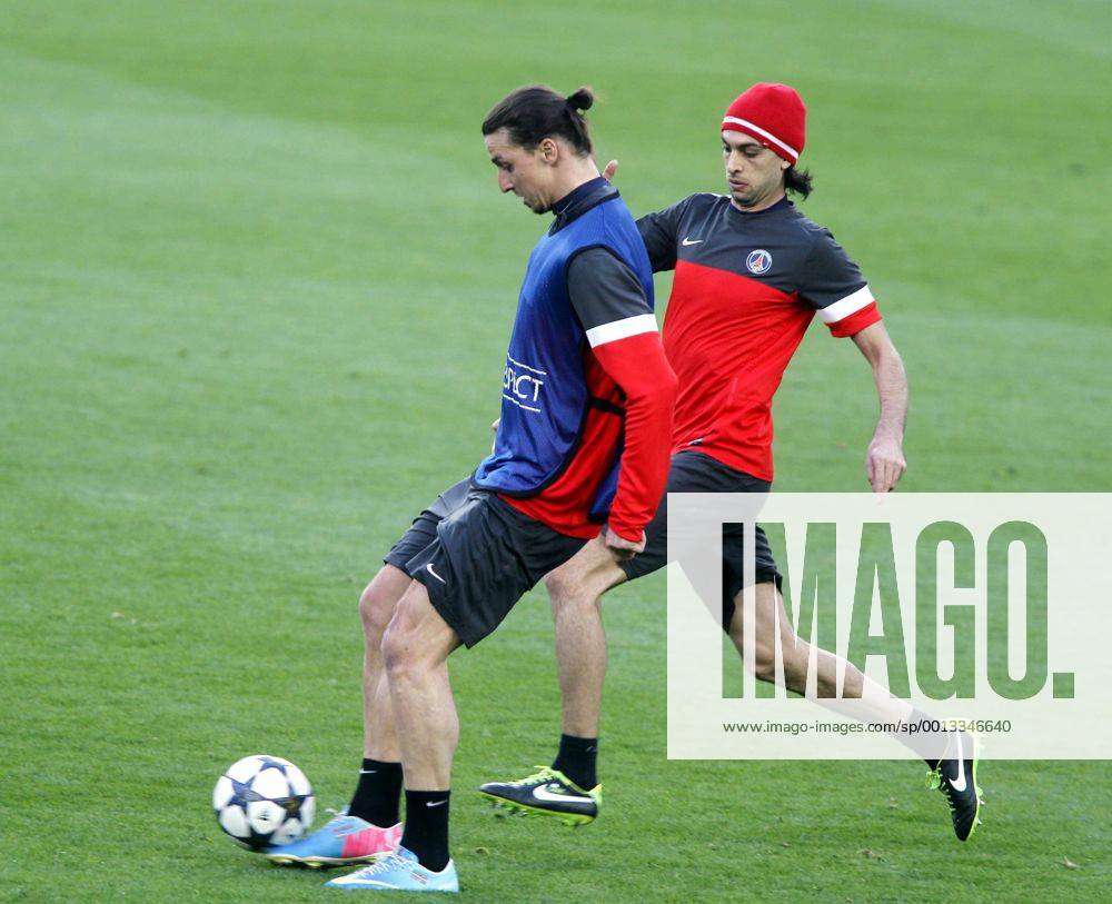 Barcelona, Camp Nou april 9. Zlatan Ibrahimovic (L) - Javier Pastore Paris Saint Germain training before the match in Champions League