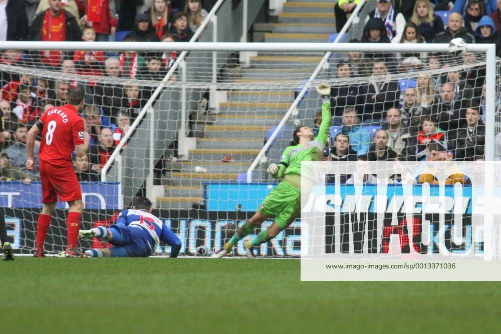 Football - 2012 2013 Premier League - Reading vs. Liverpool Readings Alex McCarthy pulls of a fine save from Steven Gerrard of Liverpool at the Madejski Stadium Reading