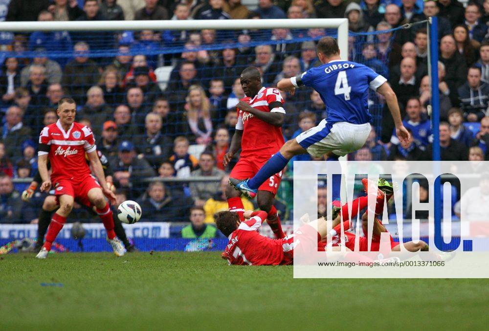 Evertons s Darren Gibson s shot hits QPR Defender Clint Hill nad ends up in the back of the net- Barclays Premier League - FC Everton vs Queens Park Rangers QPR - Goodison Park -Liverpool- 13th April 2013 - .