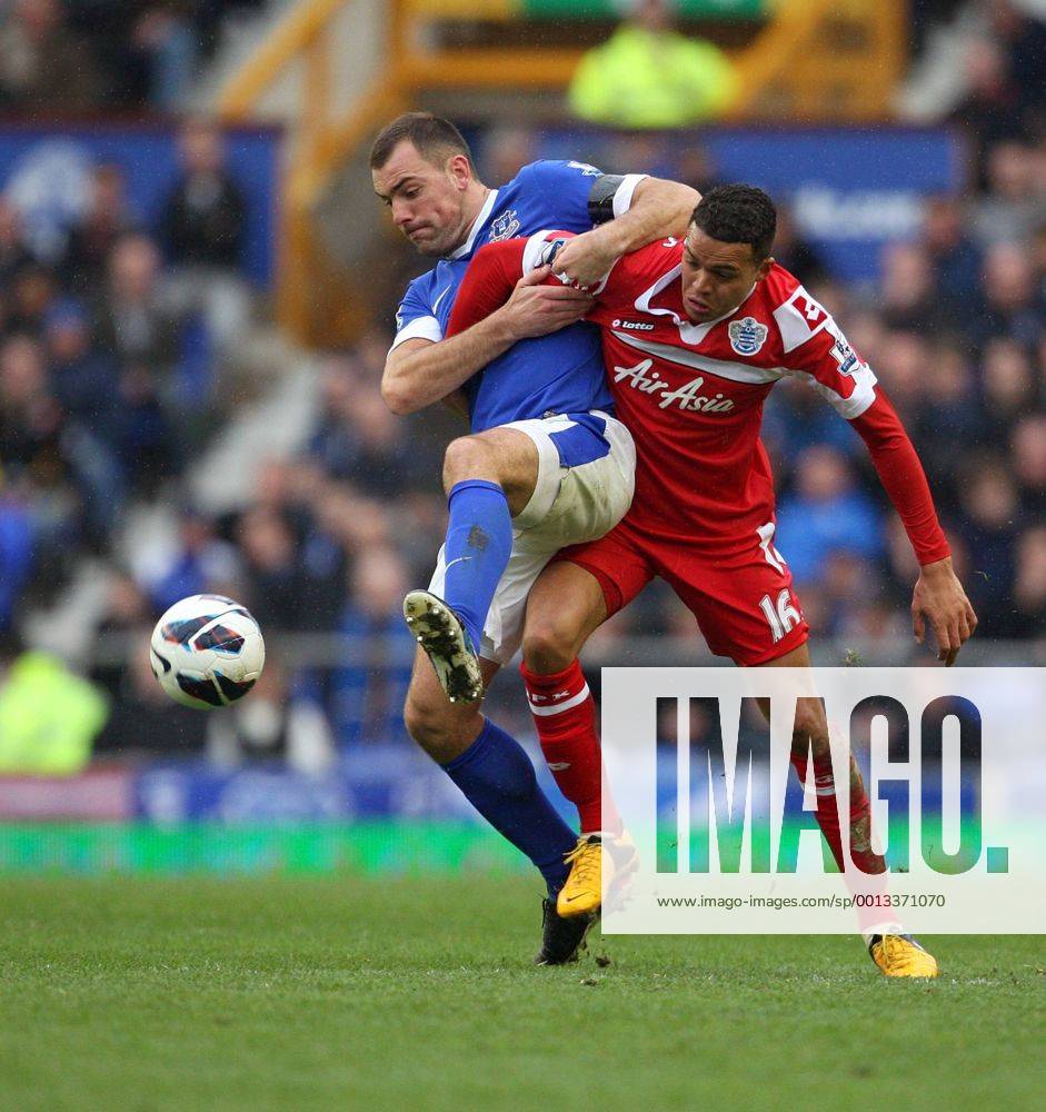 Everton s Darren Gibson battles with QPR s Jermaine Jenas- Barclays Premier League - FC Everton vs Queens Park Rangers QPR - Goodison Park -Liverpool- 13th April 2013 - .