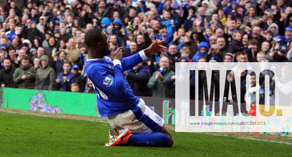 Everton s VictorAnichebe celebrates the 2nd goal of the game-- Barclays Premier League - FC Everton vs Queens Park Rangers QPR - Goodison Park -Liverpool- 13th April 2013 - .