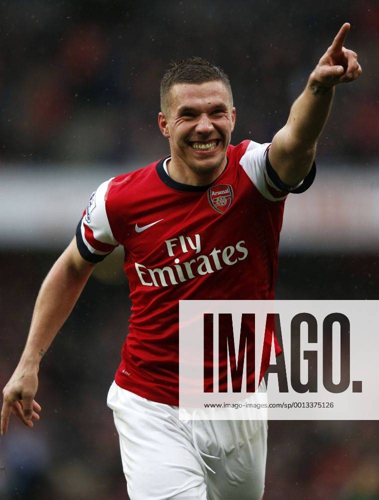 - Lukas Podolski of Arsenal celebrates scoring during the Barclays Premier League match between Arsenal and Norwich City at the Emirates Stadium in London, Britain, on April 13, 2013. Arsenal won 3-1. (Xinhua Wang Lili)