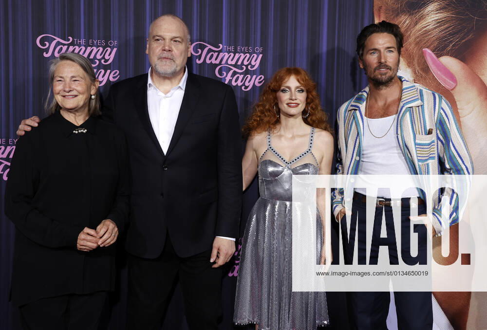 From (L-R) Cherry Jones, Vincent D Onofrio, Jessica Chastain and Marc Wystrach arrive on the red carpet at the New York Premiere of The Eyes Of Tammy Faye at SVA Theatre in New York City on Tuesday, September 14, 2021. NYP20210914310 JasonxSzenes