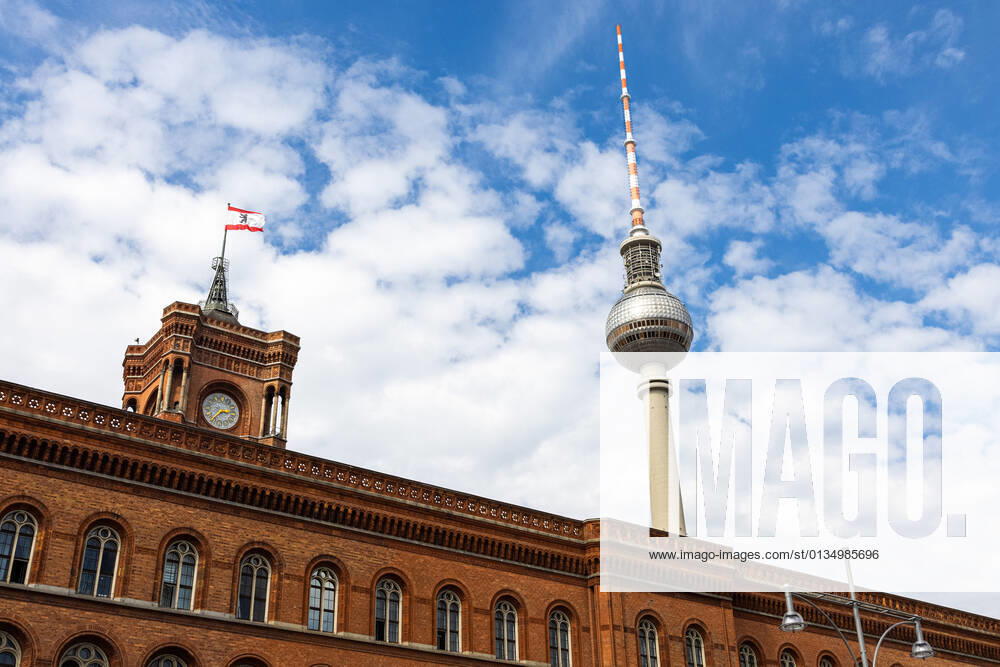 Editorial, Berlin TV Tower together with the Red City Hall in August 2021.