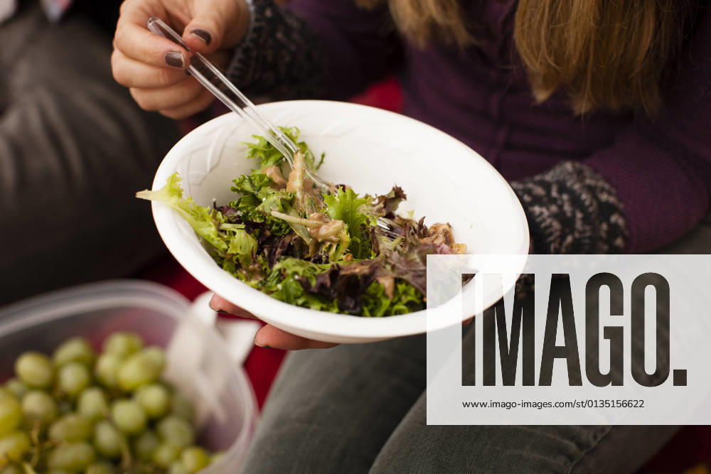 Cropped shot of young couple eating picnic salad, 07.12.2015,