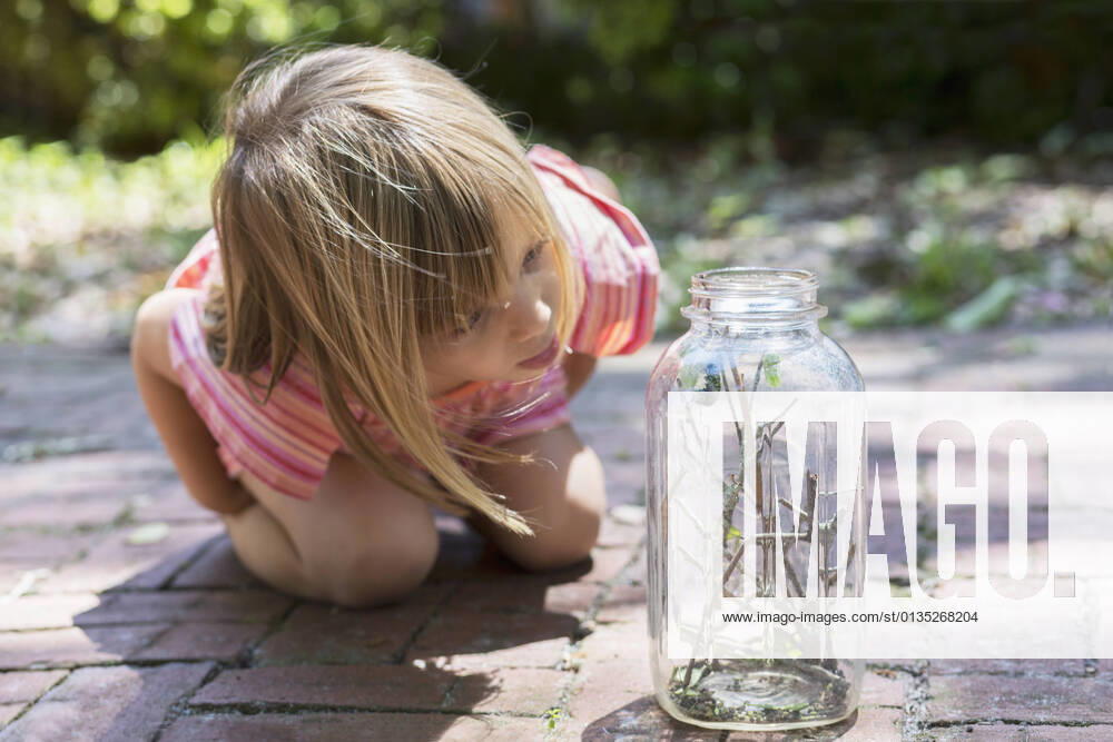 IMAGO Creative: Klimawandel - Umwelterziehung Girl leaning forward to watch caterpillar jar in garden, 13.07.2017,