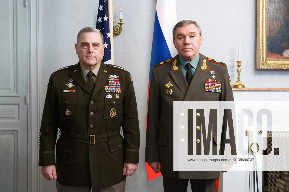 HELSINKI, FINLAND – SEPTEMBER 22, 2021: Mark Milley (L), chairman of the US Joint Chiefs of Staff, and Valery Gerasimov, Chief of the General Staff of the Russian Armed Forces, pose for a photo as they meet for talks. Alexei Yereshko Russian Defence Ministry Press Office TASS TS11176E