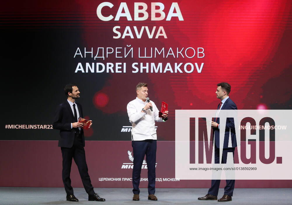 Michelin Guides International Director Gwendal Poullennec, Savva chef Andrei Shmakov, and journalist Sergei Krasnov (L-R) attend a ceremony held at the Zaryadye Concert Hall to award Michelin stars to Moscow restaurants and chefs as well as to introduce the first Michelin Guide to Moscow. Vyacheslav Prokofyev TASS TS1143D3
